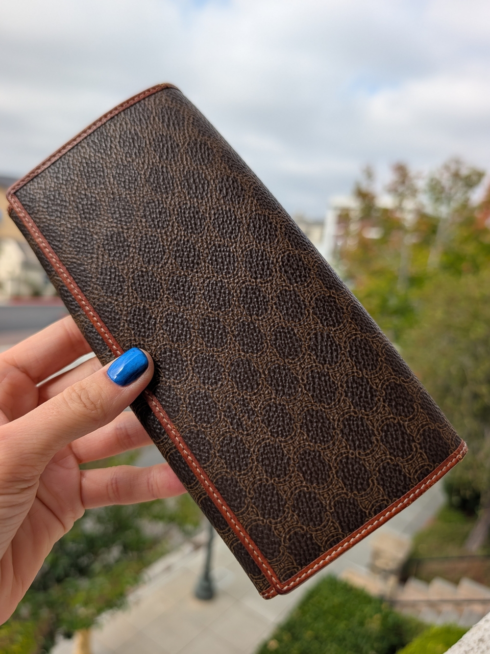 Vintage Celine Macadam Triomphe Long Kiss Lock Wallet Brown Tan